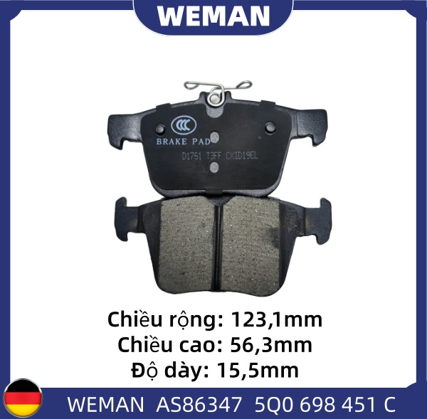WEMAN Má phanh AS86347 M-G MG5 OEM 5Q0 698 451 C WEMAN Má phanh AS86347 M-G MG5